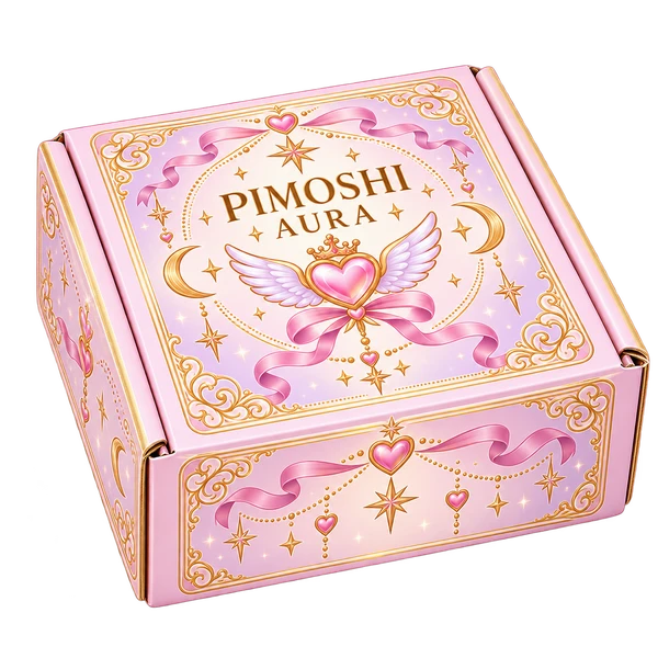 Ein rosa Päckchen im PIMOSHI-Aura-Stil mit Herzmotiv und goldenen Sternen