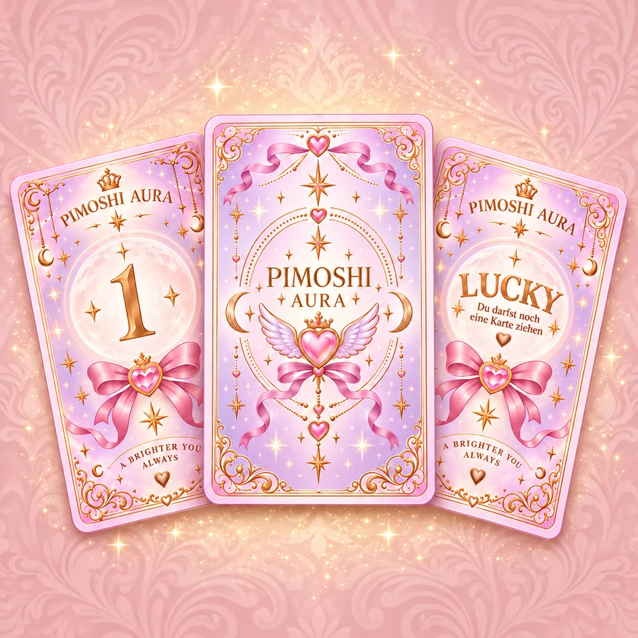 PIMOSHI-Aura-Karten: links die 1, mittig die Rückseite und rechts Lucky vor rosa Ornamenten