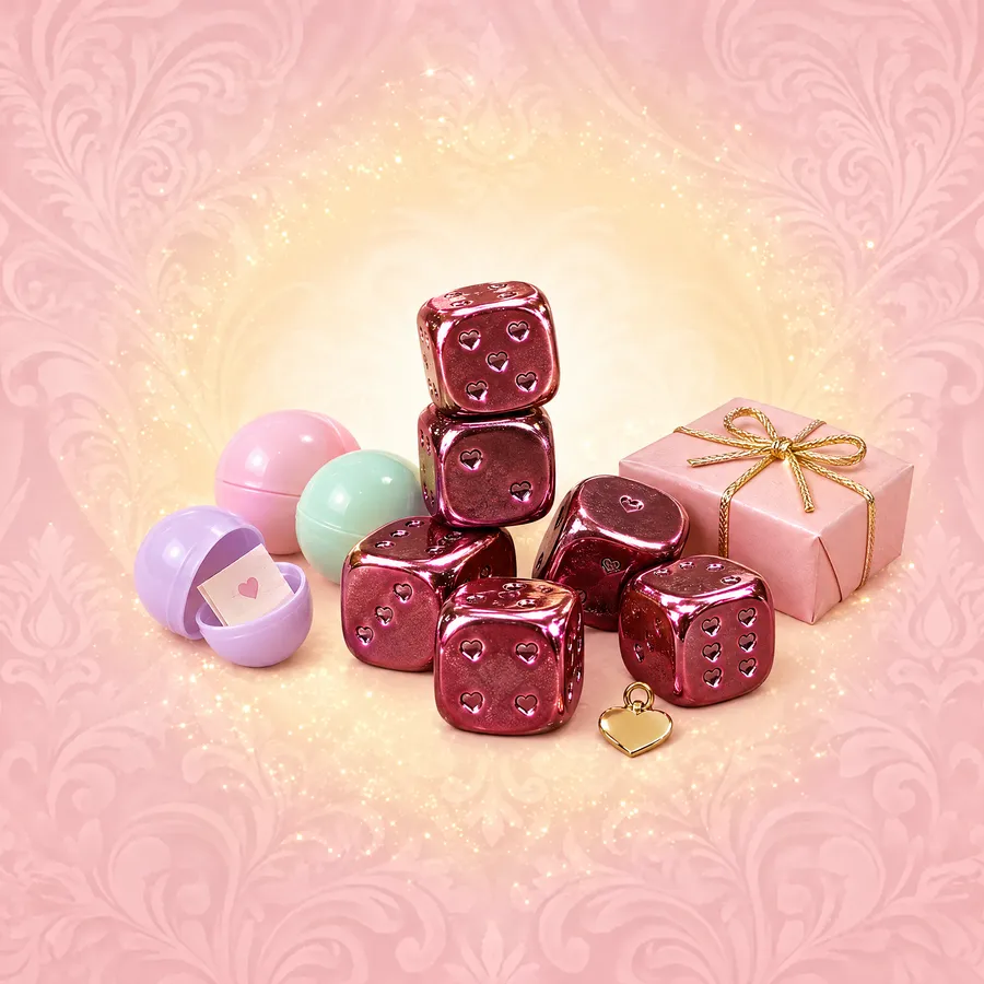 Sechs rosa Metallwuerfel mit Herzen als Augen, daneben Pastell-Kapseln und ein kleines Geschenk